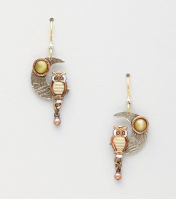 Silver Forest® Owl on Crescent Moon Earrings - Silvertone/Copper