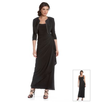 Alex Evenings® Black Side-Wrap Long Dress with Rhinestone-Trimmed Bolero Jacket