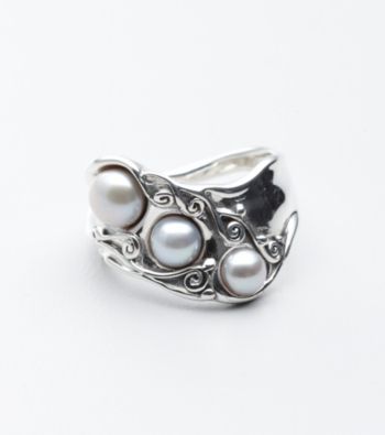 Hagit Gorali Sterling Silver Dramatic Swirls And Pearls Wideband Ring