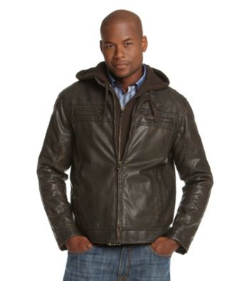 R&O Men's Brown Faux Leather Hooded Jacket