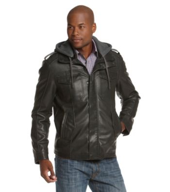R&O Men's Black Faux Leather Hooded Jacket