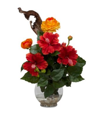 Nearly Natural® Hibiscus & Ranunculus with Fluted Bowl Silk Flower Arrangement