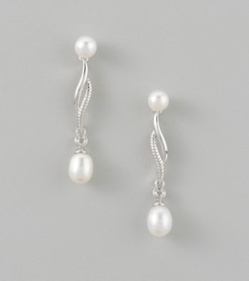 Rhodium Plated Linear Drop Earrings - White Pearl