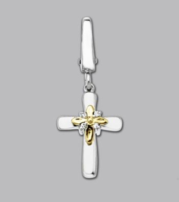 14k Yellow Gold Sterling Silver .02 ct. tw. Diamond Accent Cross Charm