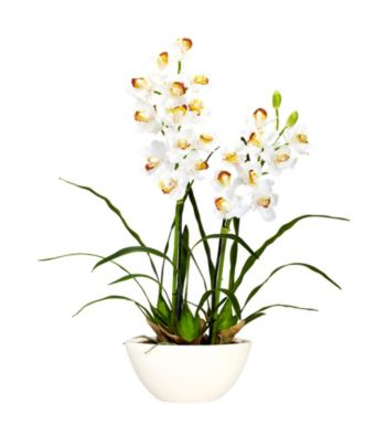 Nearly Natural® Cymbidium with White Vase Silk Flower Arrangement