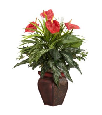 Nearly Natural® Mixed Greens & Anthurium with Decorative Vase Silk Plant