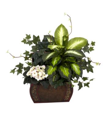 Nearly Natural® African Violet, Dieffenbachia & Ivy with Chest Silk Plant