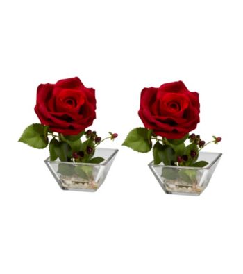 Nearly Natural® Rose with Square Vase Silk Flower Arrangement (Set of 2)