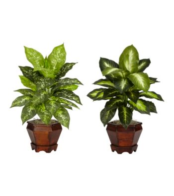 Nearly Natural® Dieffenbachia with Wood Vase Silk Plant (Set of 2)