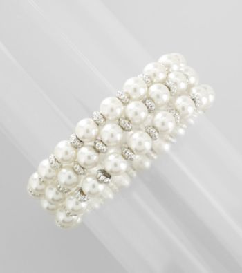 Studio Works®Three Row White Pearl and Silvertone Facet Stretch Bracelet