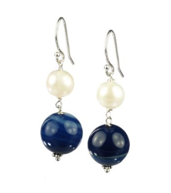 Genuine Freshwater Pearl and Blue Agate Drop Earrings