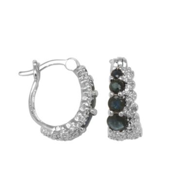 Rhodium-Plated Brass Genuine Sapphire and Diamond Accent Hoop Earrings