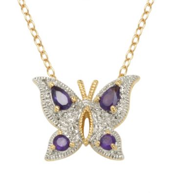 18K Gold-Over-Brass Genuine African Amethyst and Diamond Accent Butterfly Pendant