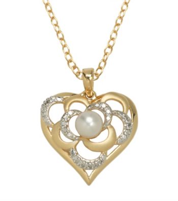 18K Gold-Over-Brass Genuine White Pearl and Diamond Accent Heart Pendant