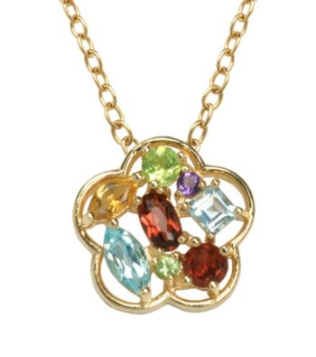 18K Gold-Over-Brass Genuine Multi-Stone Flower Pendant