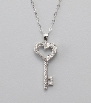 Tiny Diamond Accent and Sterling Silver Key Pendant