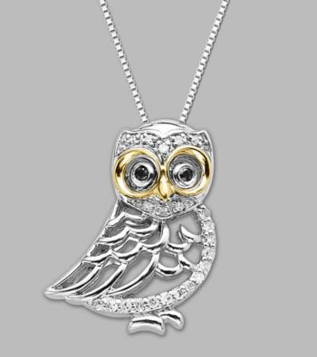14K Yellow Gold and Sterling Silver Owl Pendant with .114 ct.tw Diamond