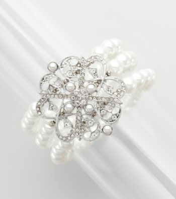 Studio Works® Pearl Three Row Stretch Bracelet with Pave Filigree Brooch