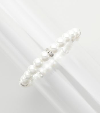 Studio Works® Silvertone & Pearl Single Row Stretch Bracelet with Faceted Rhondelle Accents