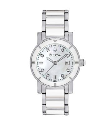 Bulova® Women's Stainless Steel and White Ceramic Diamond Watch