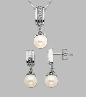 .06 ct. t.w. Diamond Accents and Freshwater Pearl Pendant and Earring Box Set
