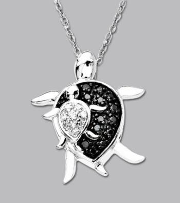 .09 ct. t.w. Black and White Diamond Accent 10K White Gold Turtle Pendant