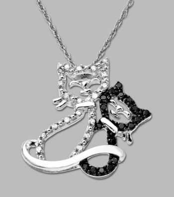 .015 ct. t.w. Black and White Diamond Accent 10K White Gold Cat Pendant