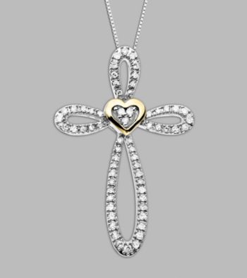 .25 ct. t.w. Diamond Accent and Sterling Silver Cross Pendant with 14K Yellow Gold Heart