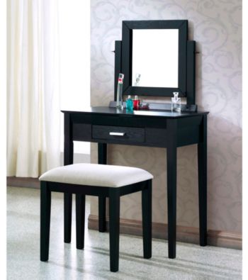 Monarch Contemporary Black Grain Veneer Vanity Set with Grey Fabric Stool