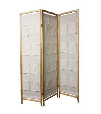 Ore International™ 3-Panel Natural Wooden Room Divider w/ Pocket Holders