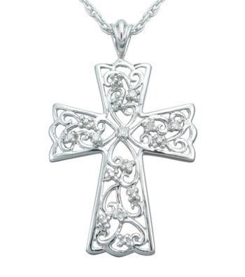 Precious Moments® .04 ct. t.w. Diamond and Sterling Silver Filigree Cross Pendant