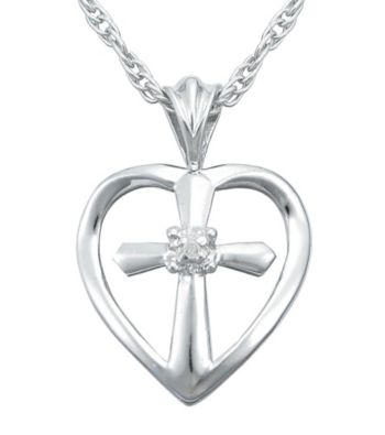Precious Moments® .005 ct. t.w. Diamond and Sterling Silver Heart Cross Pendant