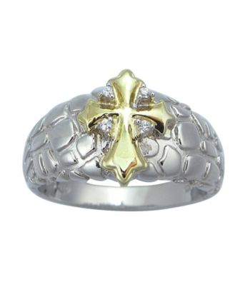 Precious Moments® .03 ct. t.w. Diamond and Sterling Silver Two-Tone Textured Cross Ring