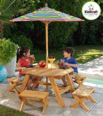 KidKraft Outdoor Octagon Table with 4 Stools and Striped Umbrella