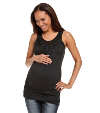 Three Seasons Maternity™ Black Rosette-Trim Banded-Bottom Tank Top