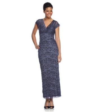 Marina Blue Stretch Lace Multi Tier Beaded Dress