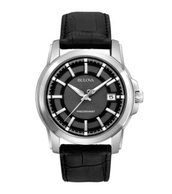 Bulova® Men's Precisionist Black Dial and Leather Strap Watch