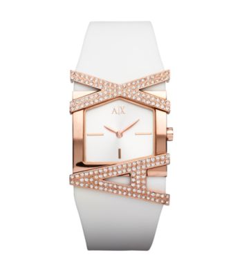 A|X Armani Exchange Women's White Rose Gold Glitz Logo Watch