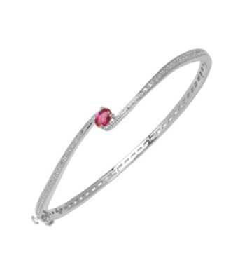 Rhodium-Plated Brass Bangle Bracelet with Created Ruby and Diamond Accent