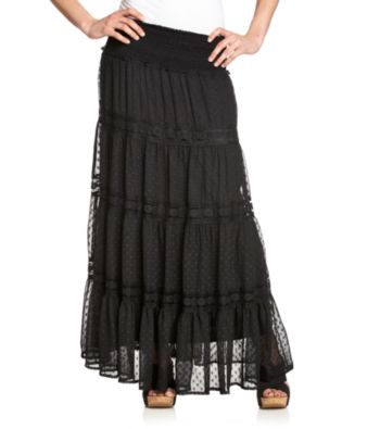 Black Rainn™ Smocked-Waist Clip-Dot Tiered Maxi Skirt