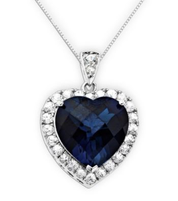 Created Blue and White Sapphire Heart Pendant in Sterling Silver