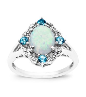 Sterling Silver Diamond-Accented Created Opal with Blue Topaz Oval-Shaped Ring