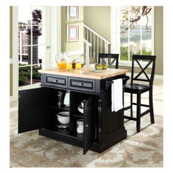 Crosley Furniture Butcher Block Top Kitchen Island with X-Back Stools