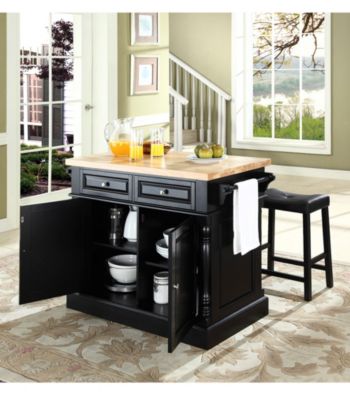 Crosley Furniture Butcher Block Top Kitchen Island with Saddle Stools