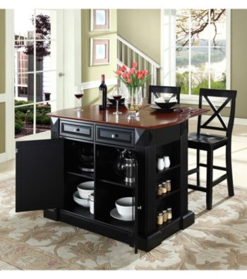 Crosley Furniture Drop-Leaf Kitchen Island with X-Back Stools