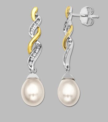 14K Yellow Gold and Sterling Silver Diamond Accented Freshwater Pearl Earrings, .064 ct. t.w.
