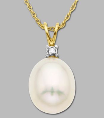10K Yellow Gold Diamond Accented Freshwater Pearl Drop Pendant, .005 CTTW
