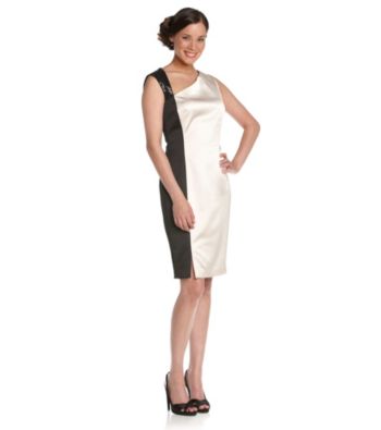 Maggy London® Black Opal Satin Two-Tone Dress with Sequined Shoulder