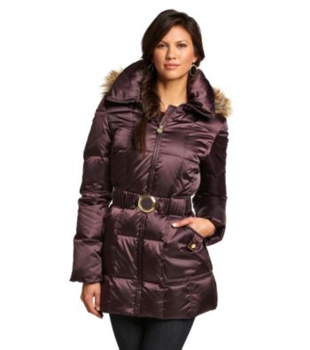 Laundry Belted Short Down Coat with Faux Fur-Trimmed Removable Hood