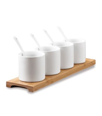LivingQuarters Whiteware Set of 4 Small Bowls with Tray & Spoons